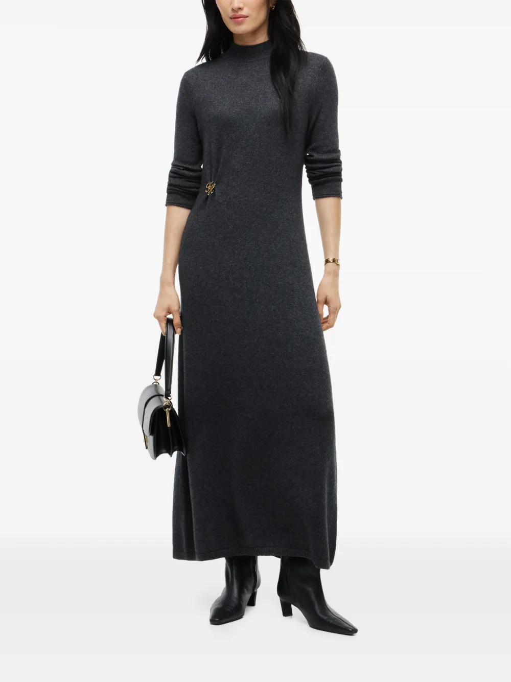 Tommy Hilfiger Maxi-jurk met monogram-plakkaat en hoge hals Grijs