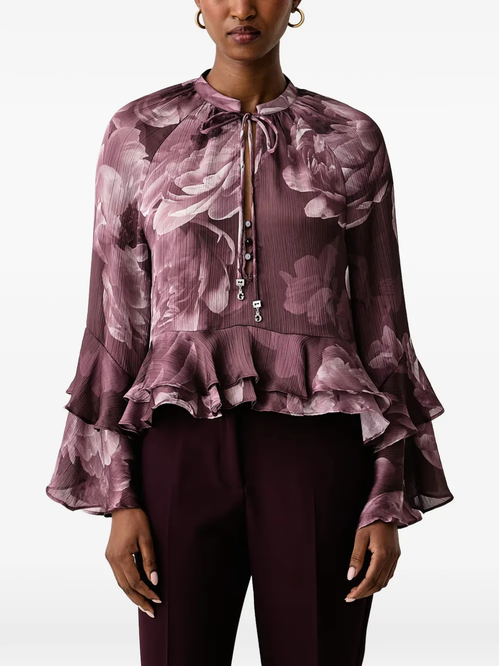 GUESS USA Nicole blouse met bloemenprint en ruches Paars