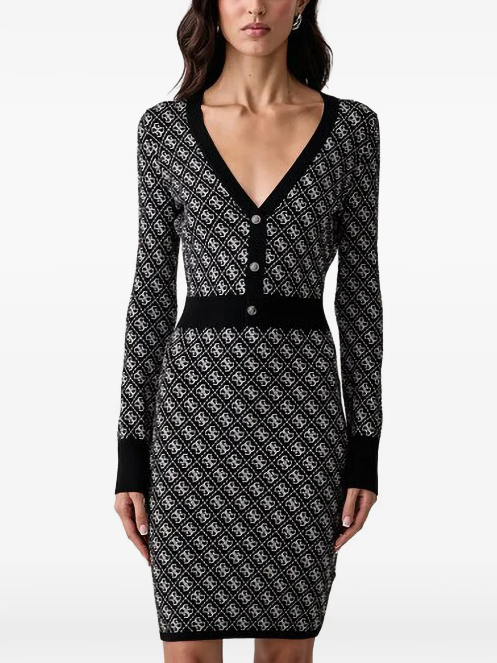 GUESS USA logo-pattern V-neck mini dress - Schwarz