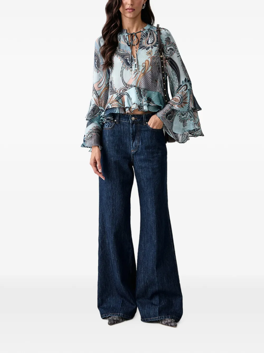 GUESS USA Nicole paisley-print ruffled blouse Blauw