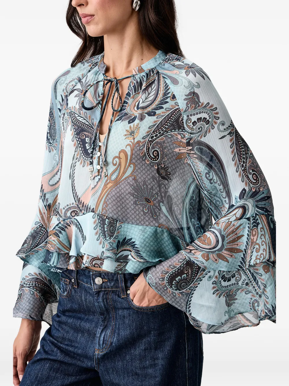 GUESS USA Nicole paisley-print ruffled blouse Blauw