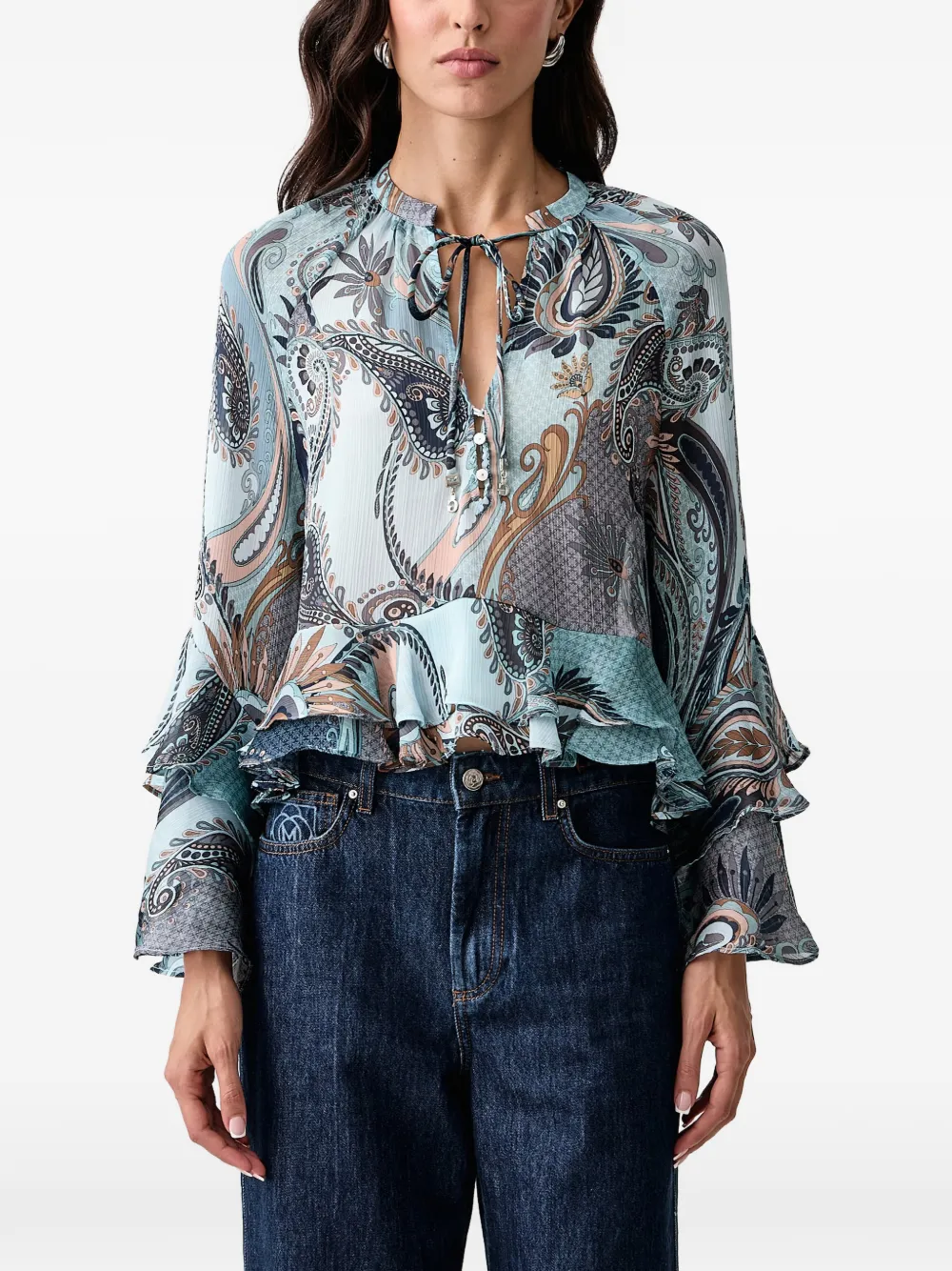 GUESS USA Nicole paisley-print ruffled blouse Blauw