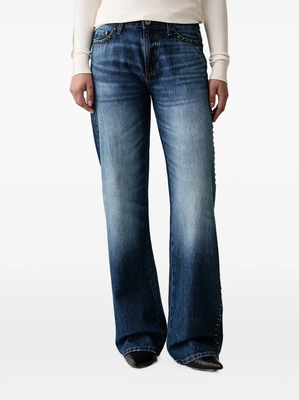 GUESS USA stud-embellished logo-plaque wide-leg jeans - Blu