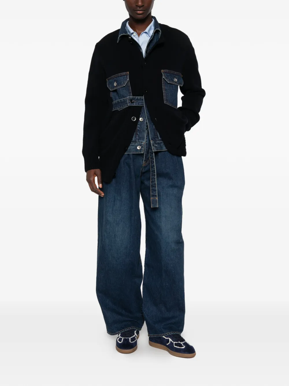 sacai Jack met denim vlakken en knopen Blauw