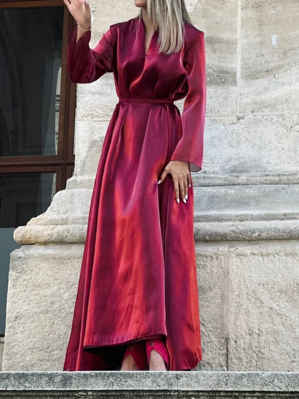 Tessitura Dune mandarin-collar maxi dress Rood