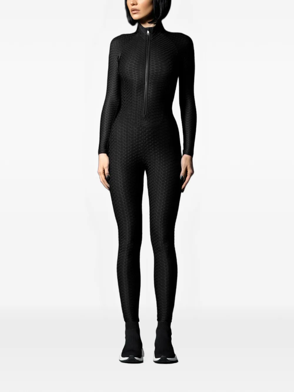 Tessitura 3D Move textured long-sleeved fitted jumpsuit Zwart
