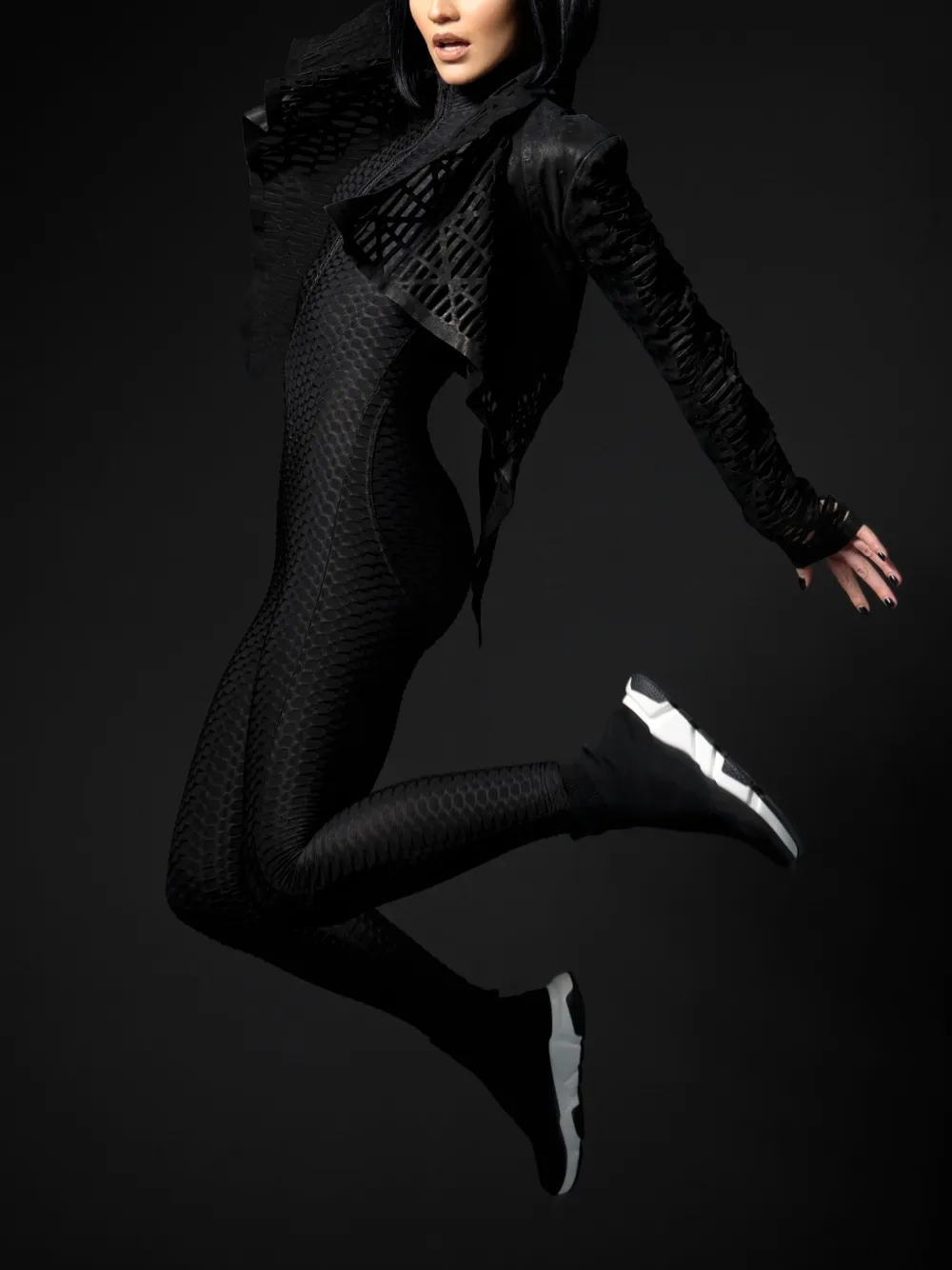 Tessitura 3D Move textured long-sleeved fitted jumpsuit Zwart