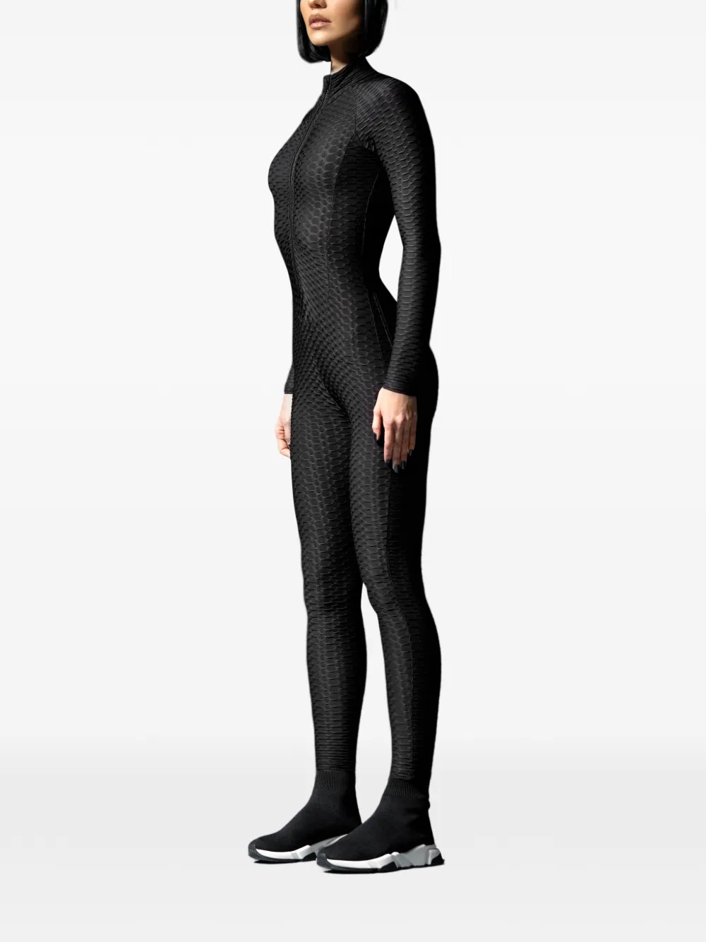 Tessitura 3D Move textured long-sleeved fitted jumpsuit Zwart