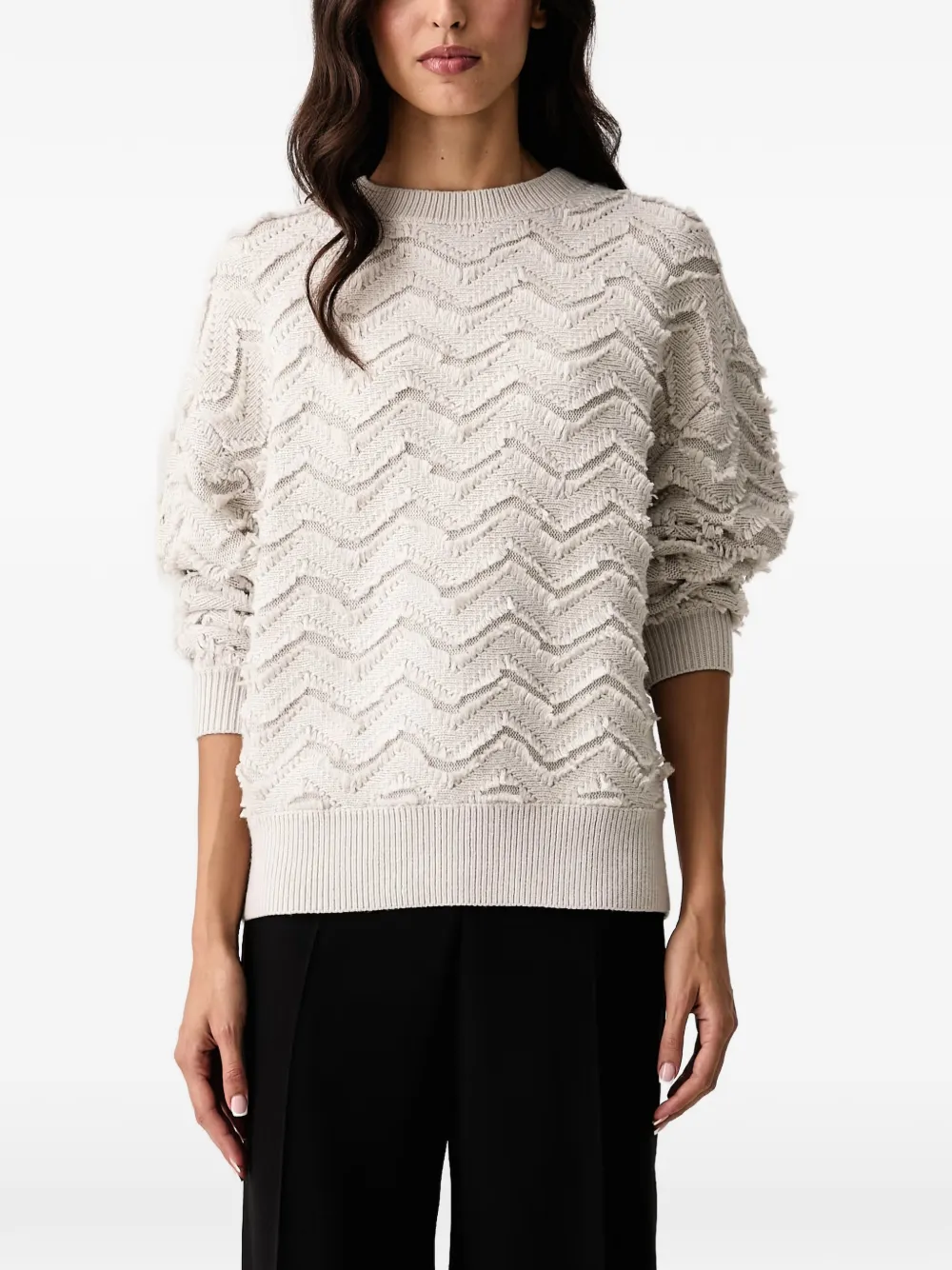 Armani Exchange Gebreide trui met franje en chevronbreisel Beige
