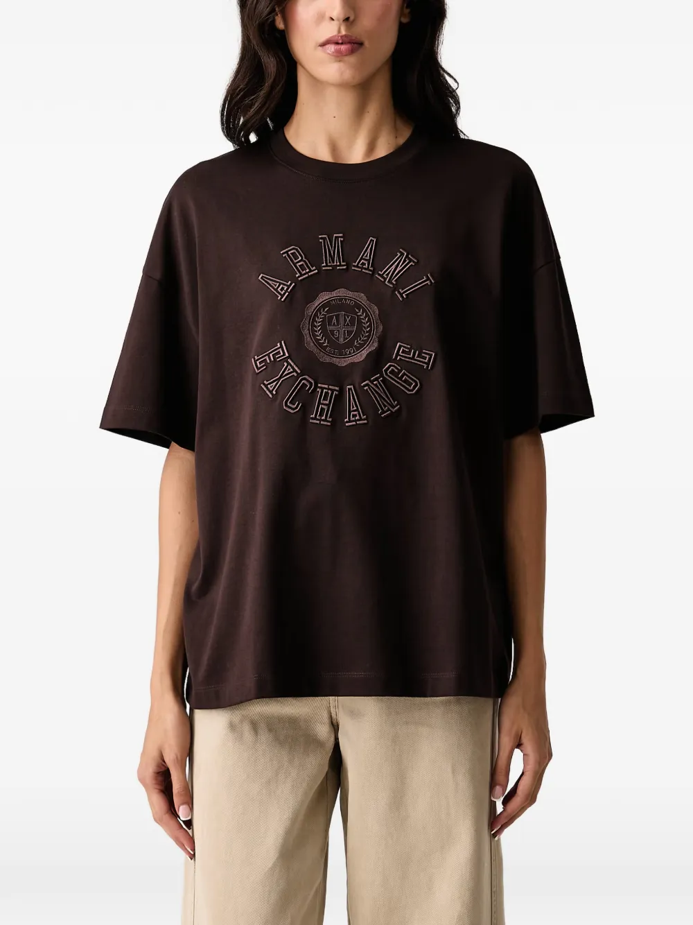 Armani Exchange logo-embroidered T-shirt - Marrone