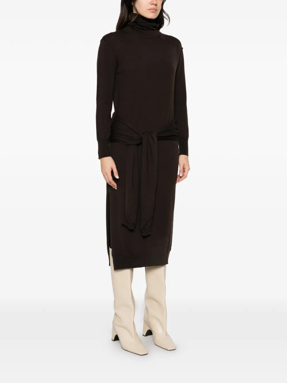 Su Midi-jurk met col en gestrikte taille Bruin