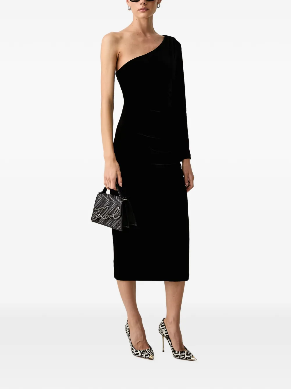 Armani Exchange one-shoulder velvet midi dress Zwart
