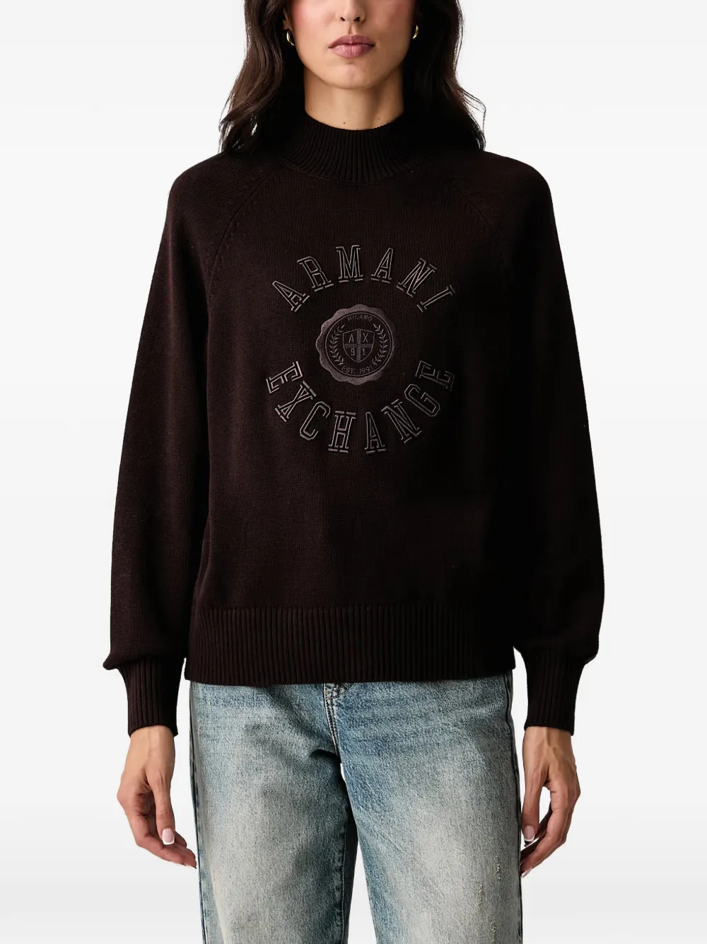 Armani Exchange Trui met geborduurd logo en hoge hals Bruin