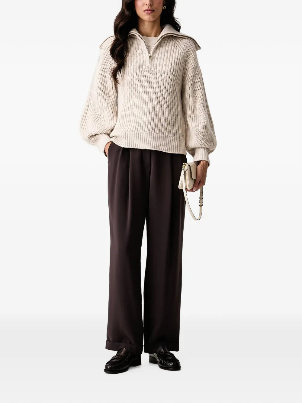 Armani Exchange Geribbelde trui met halve rits Beige