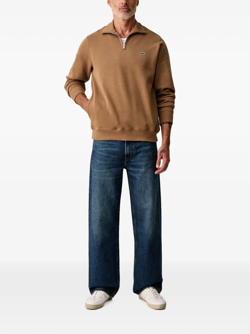 Lacoste Trui met logo-patch en kwartrits Bruin