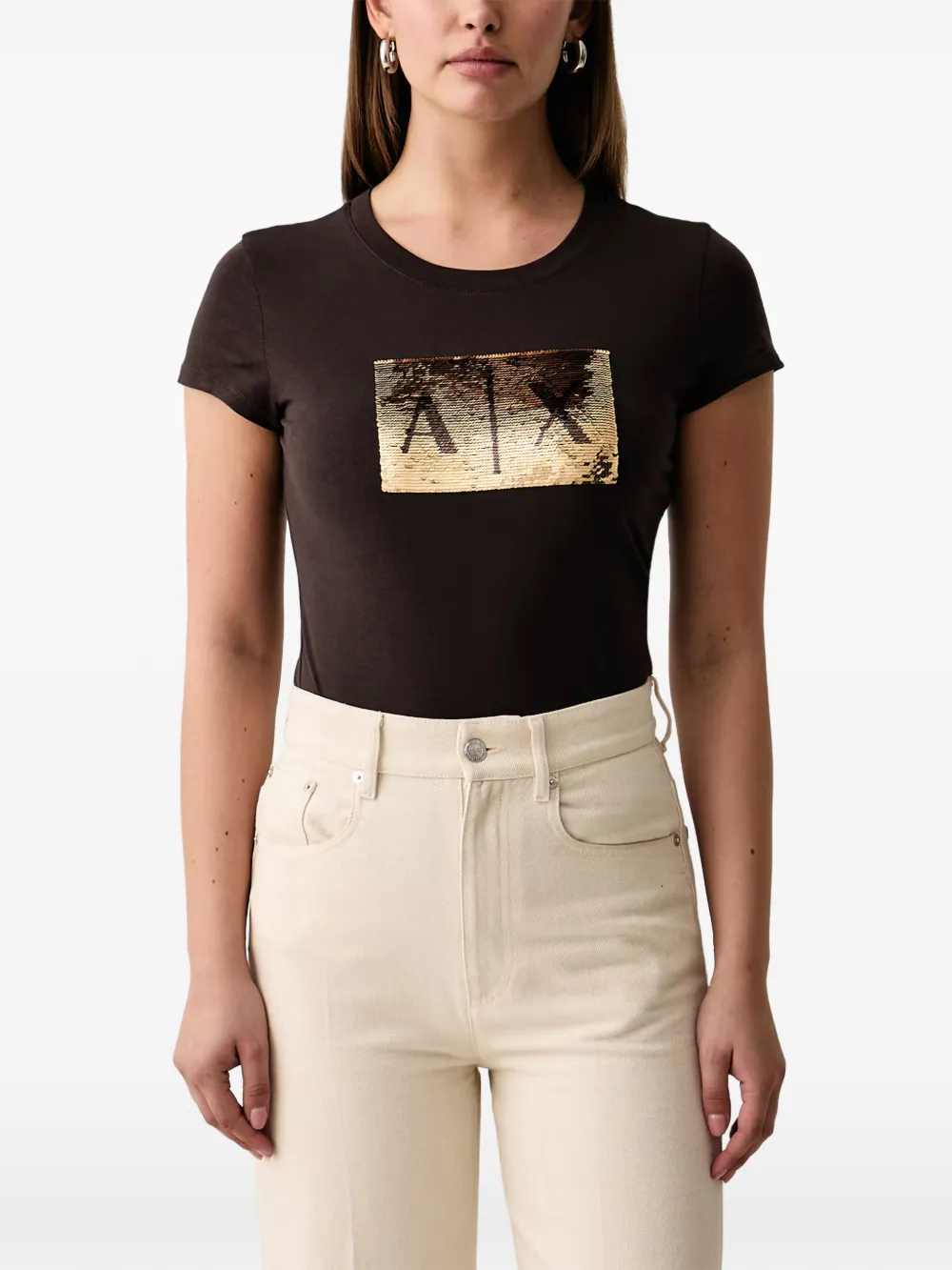 Armani Exchange sequin-logo T-shirt - Marrone