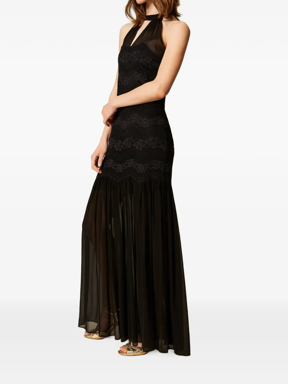 TWINSET Lange macramé jurk met kant en georgette-detail Zwart