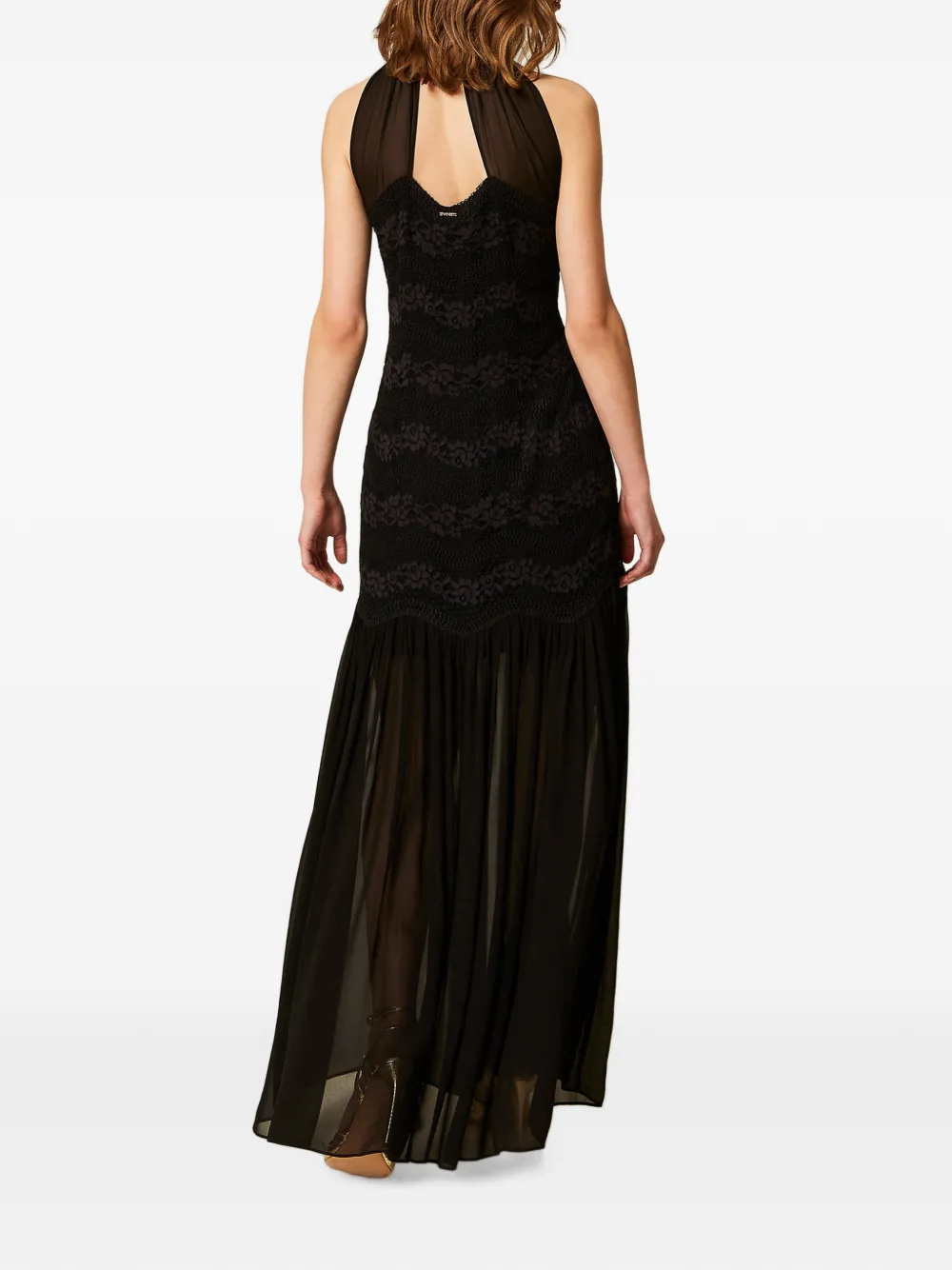 TWINSET Lange macramé jurk met kant en georgette-detail Zwart