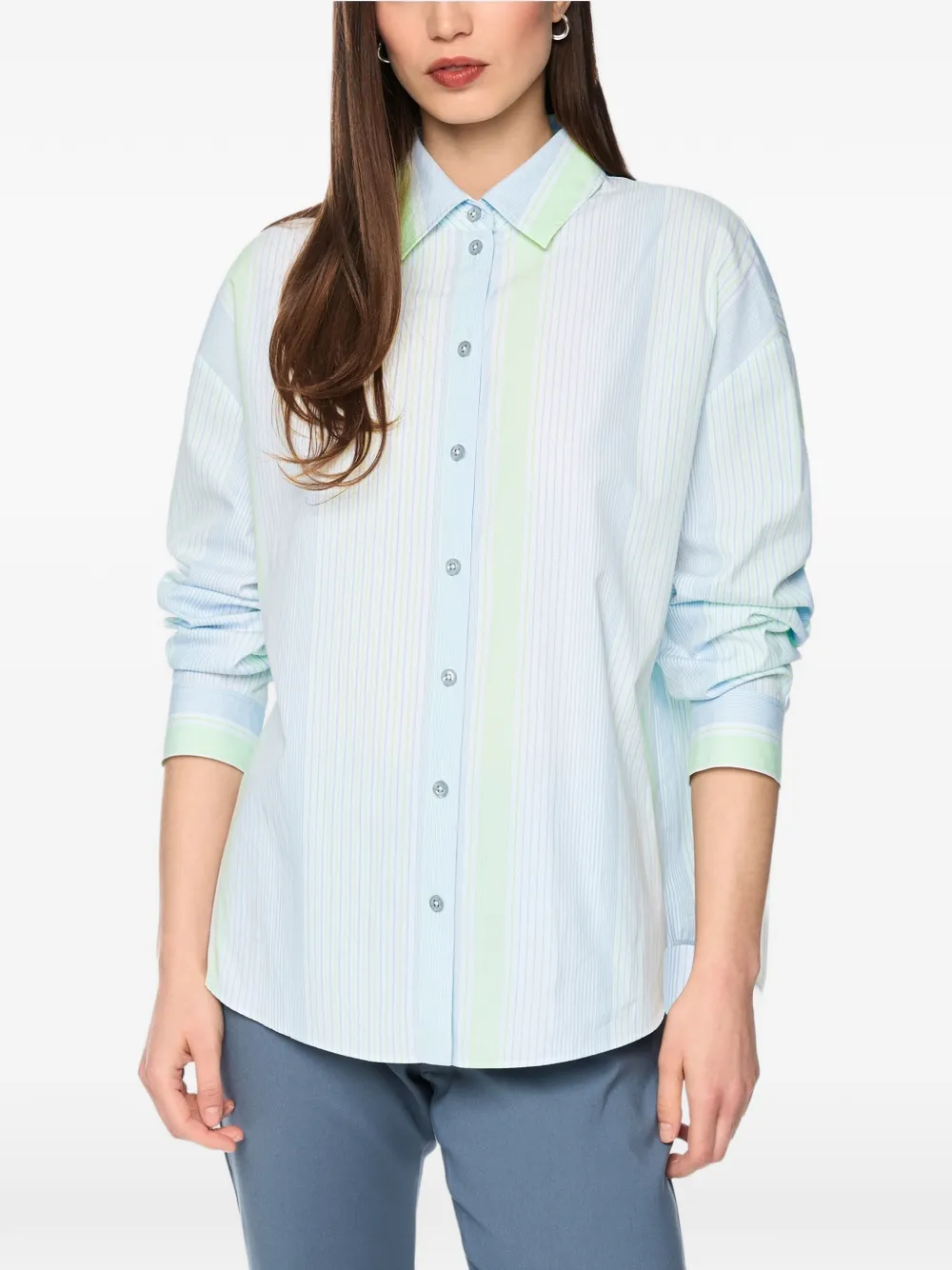 MARCCAIN vertical-stripe logo-print shirt Blauw