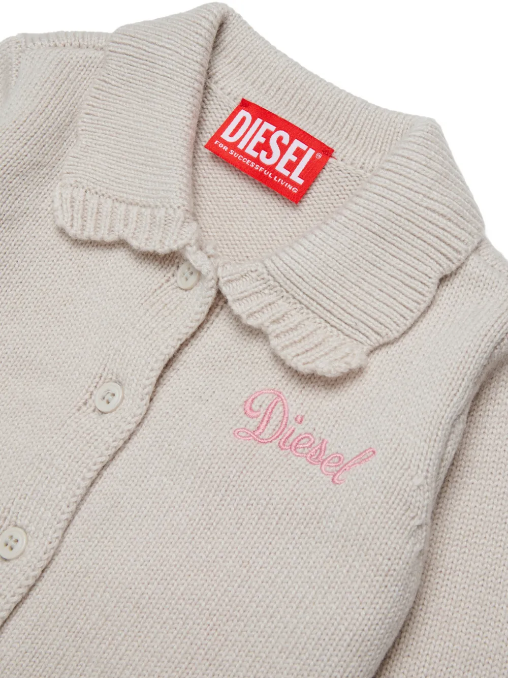 Diesel Kids logo-embroidered scalloped-collar cardigan Beige