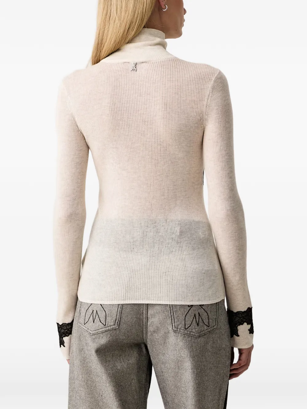 Patrizia Pepe Geribbelde coltrui met kanten afwerking Beige