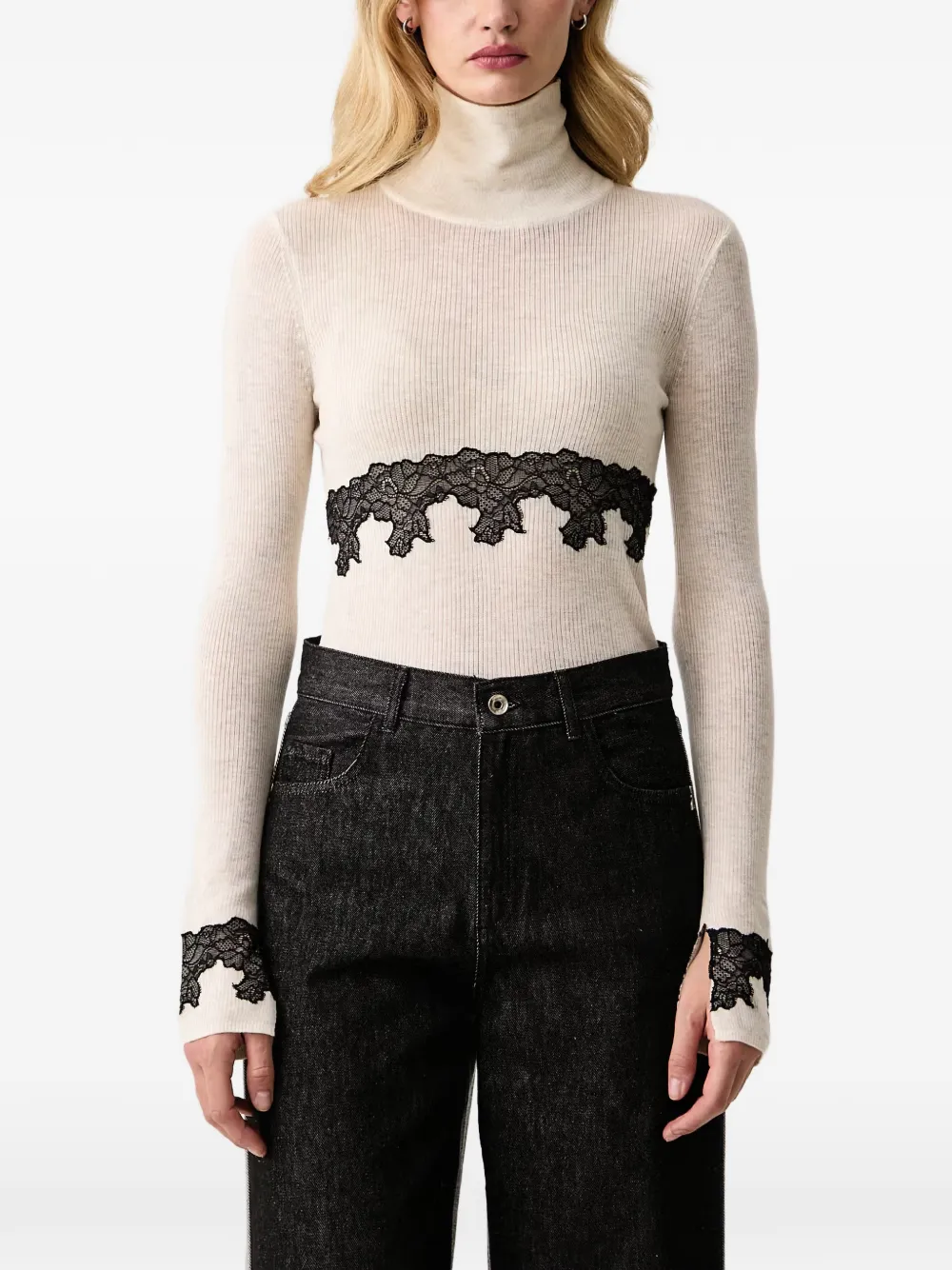 Patrizia Pepe lace-trim ribbed turtleneck sweater - Tons neutres