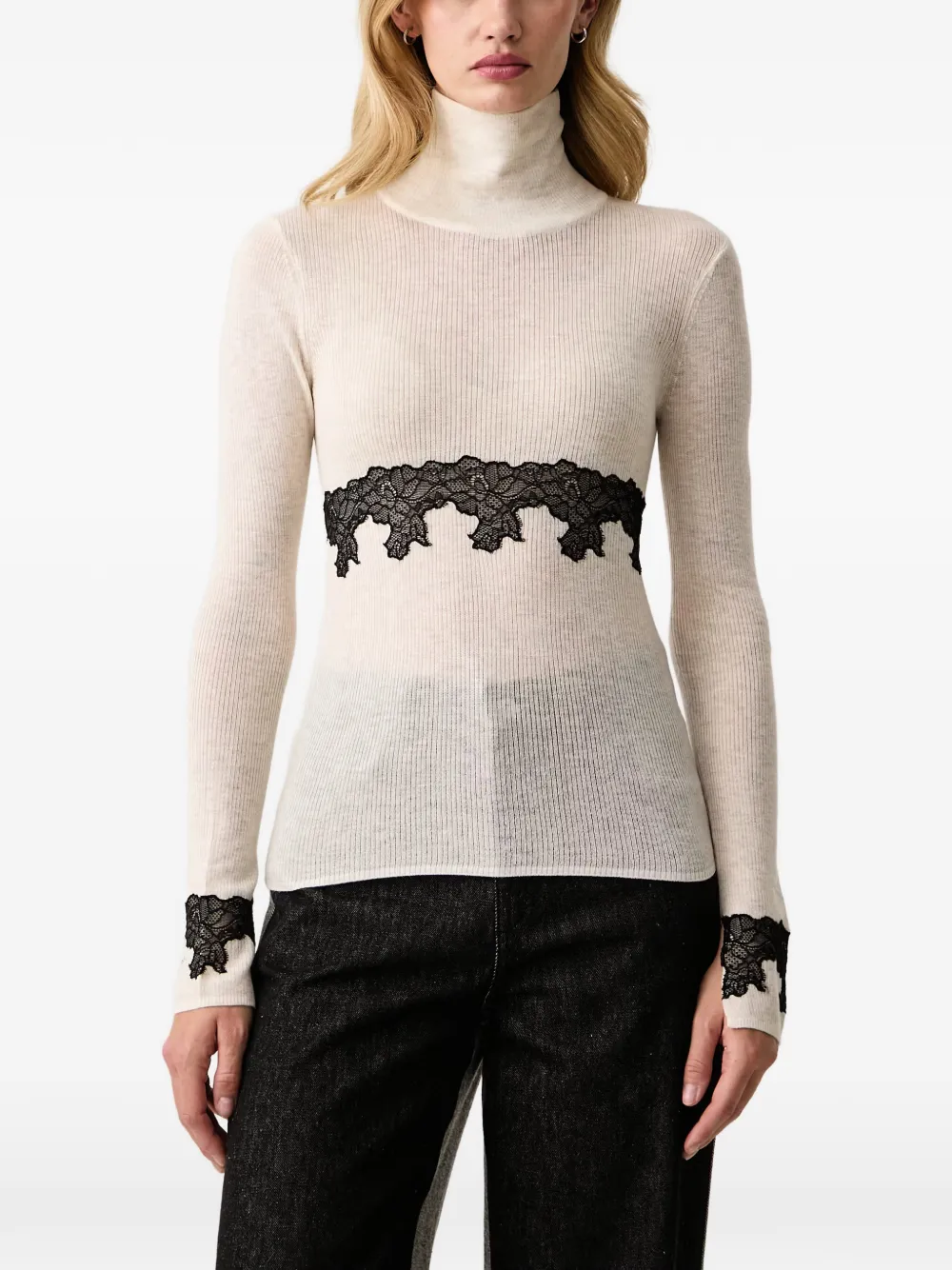 Patrizia Pepe Geribbelde coltrui met kanten afwerking Beige
