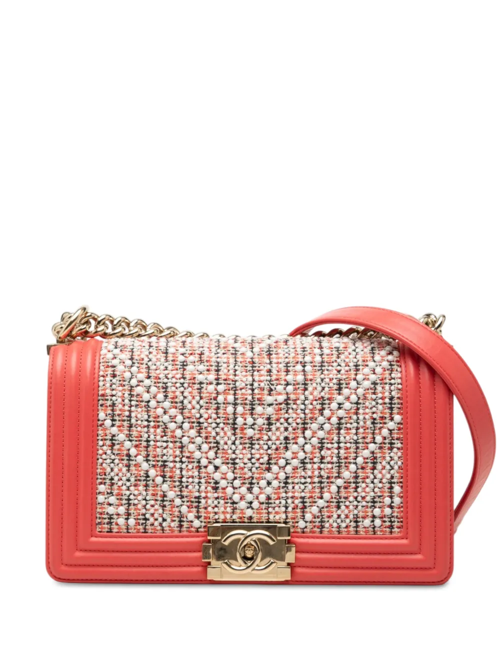 CHANEL Pre-Owned 2019 Small Chevron Tweed and Lambskin Pearl Boy Flap crossbody bag - Rosa
