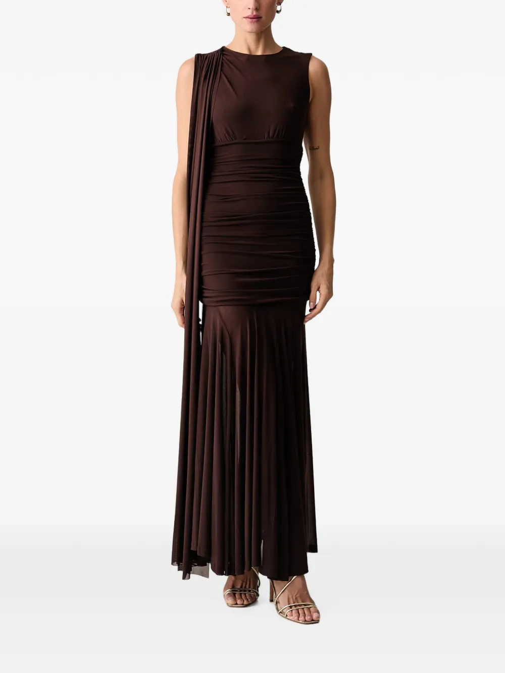 Bardot robe longue froncée à détail drapé - Marron