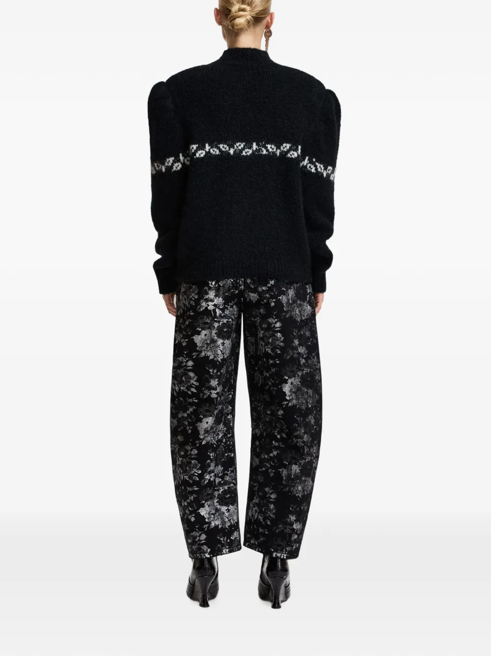 Essentiel Antwerp Ko jeans met bloemenprint en barrelpijpen Zwart