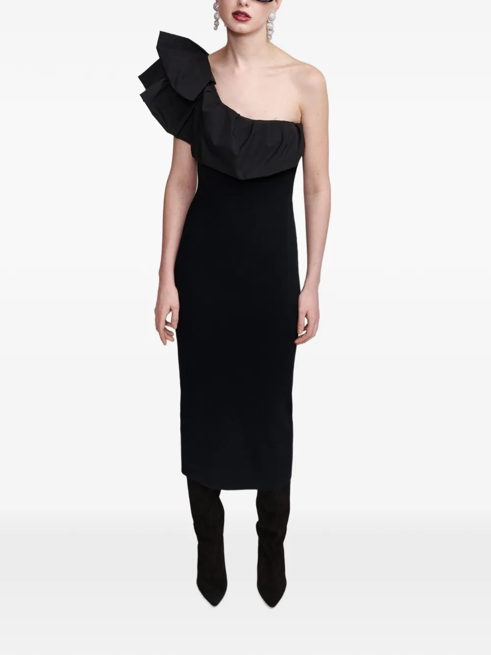 Essentiel Antwerp Klack ruffled asymmetric slim-fit midi dress Zwart