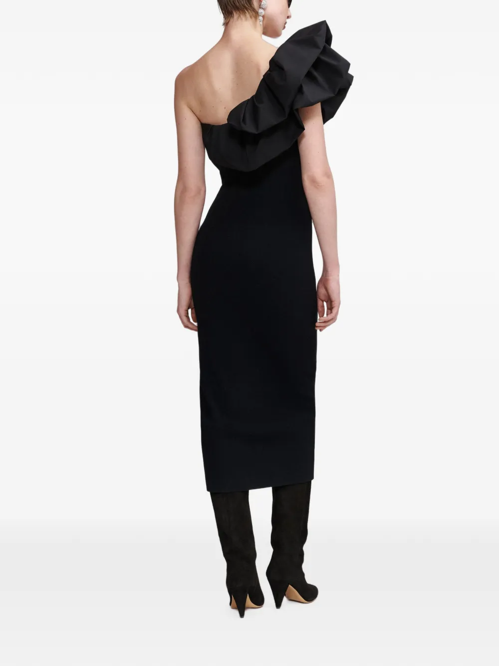 Essentiel Antwerp Klack ruffled asymmetric slim-fit midi dress Zwart