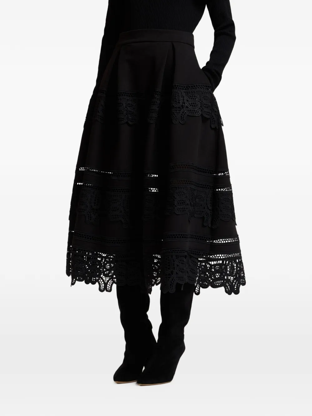 Essentiel Antwerp Kommon lace-border box-pleat full midi skirt Zwart