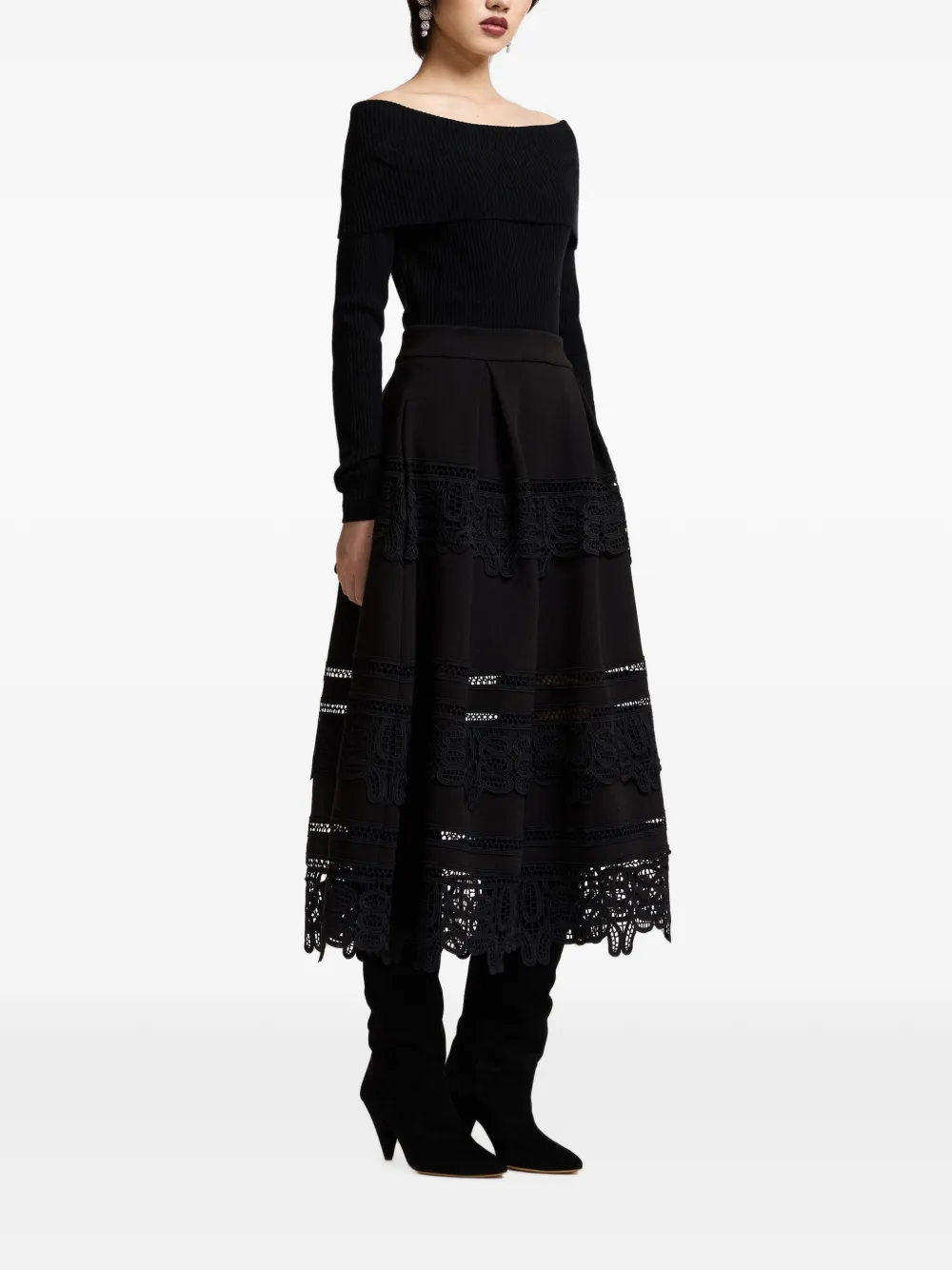 Essentiel Antwerp Kommon lace-border box-pleat full midi skirt Zwart