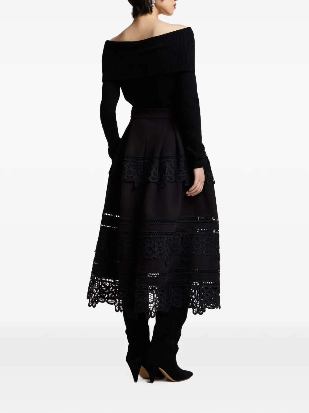 Essentiel Antwerp Kommon lace-border box-pleat full midi skirt Zwart