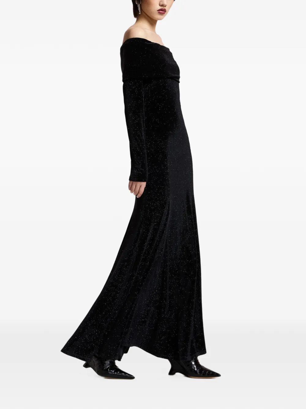 Essentiel Antwerp Kellissimo off-shoulder flared maxi-jurk met glitter afwerking Zwart