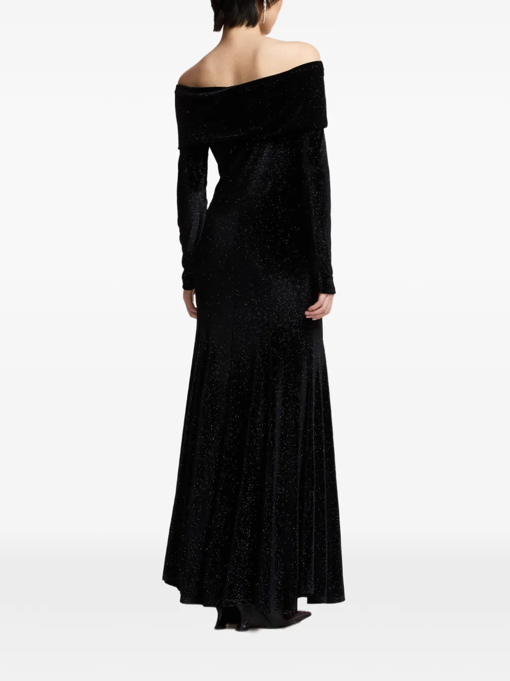 Essentiel Antwerp Kellissimo off-shoulder flared maxi-jurk met glitter afwerking Zwart