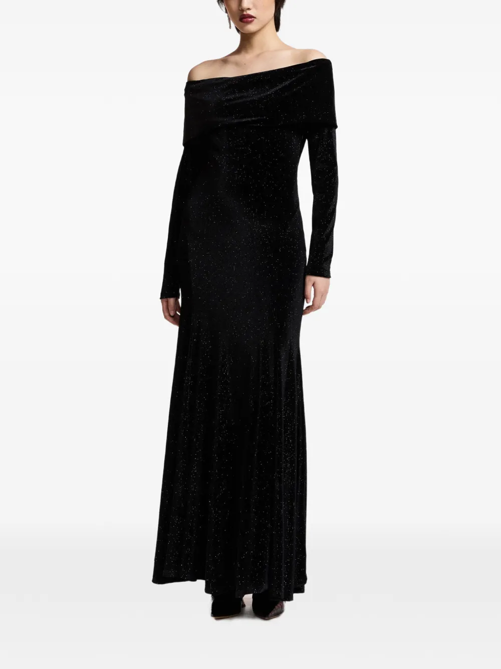 Essentiel Antwerp Kellissimo off-shoulder flared maxi-jurk met glitter afwerking Zwart