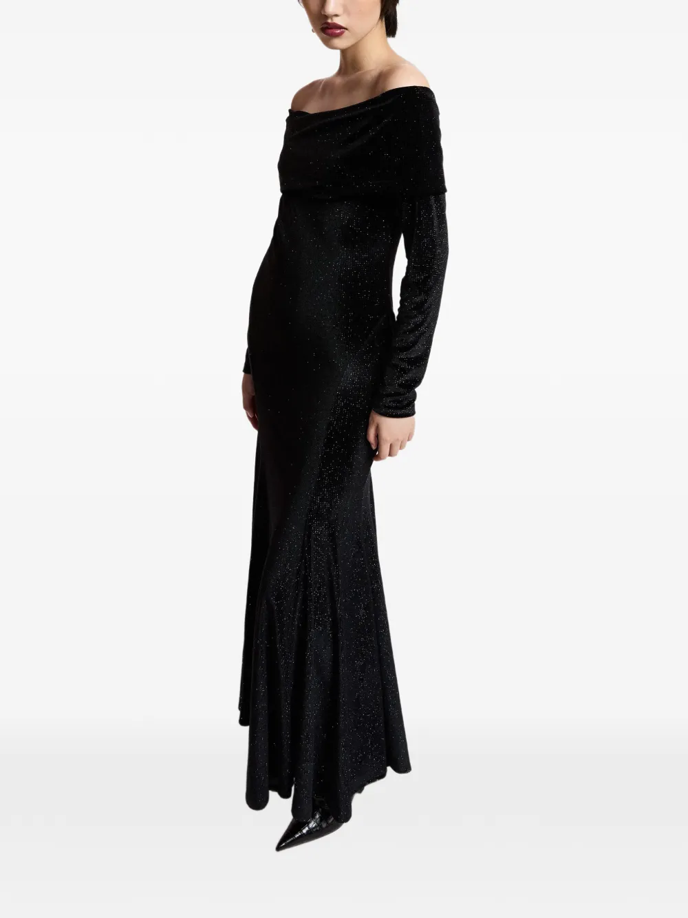 Essentiel Antwerp Kellissimo off-shoulder flared maxi-jurk met glitter afwerking Zwart