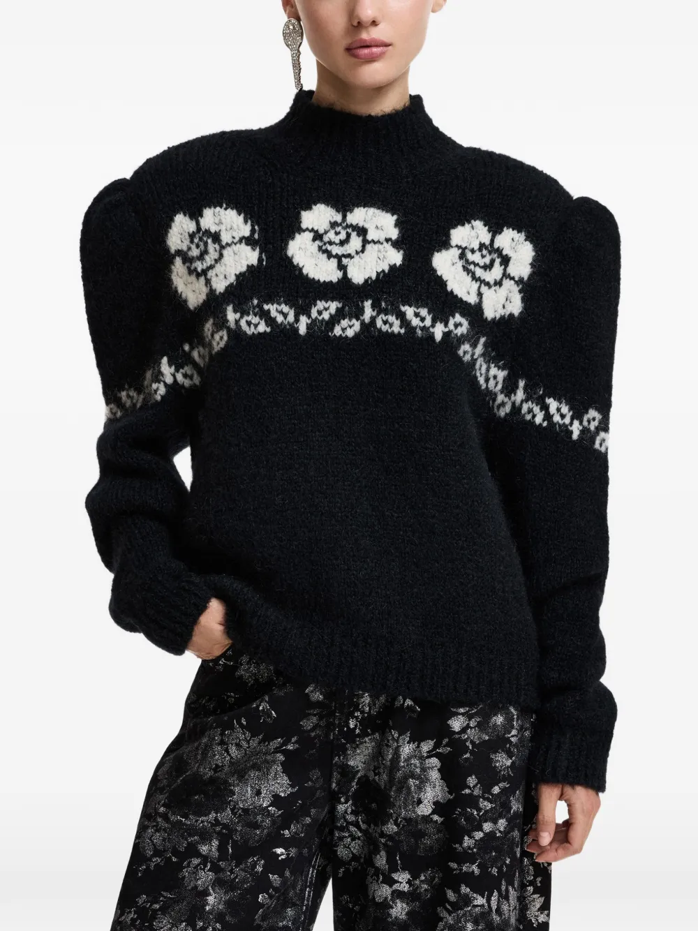 Essentiel Antwerp Kalendar floral-jacquard stand-up collar sweater Zwart