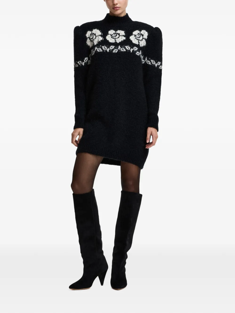 Essentiel Antwerp Kara floral-jacquard long-sleeved knitted mini dress Zwart