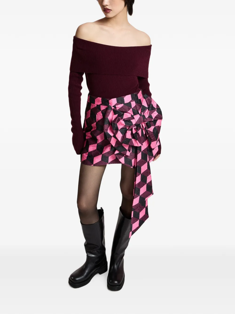 Essentiel Antwerp Kar draped bow-detail geometric-print mini skirt Rood