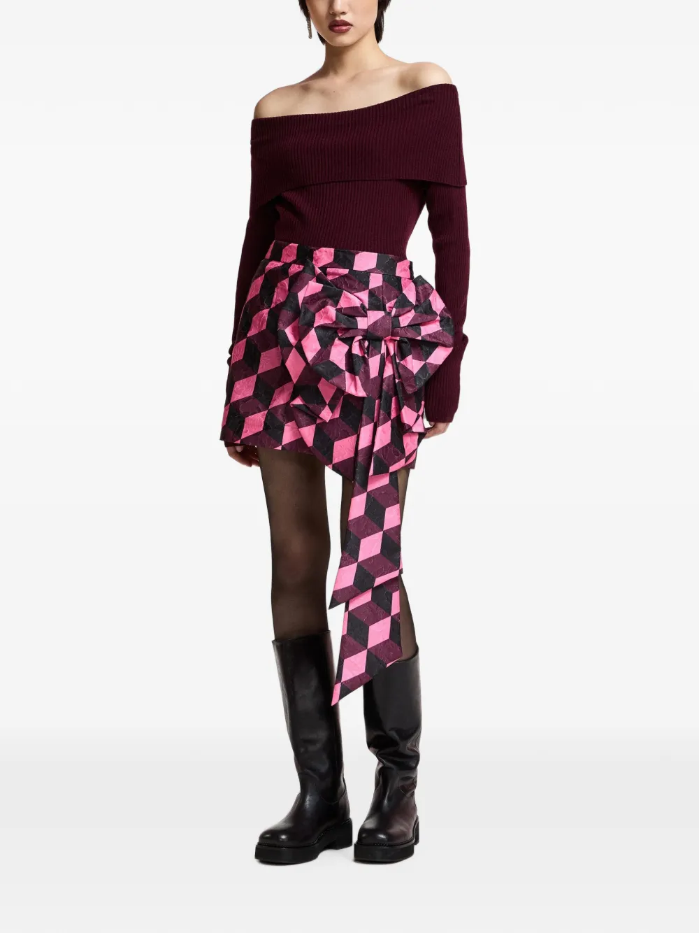 Essentiel Antwerp Kar draped bow-detail geometric-print mini skirt Rood