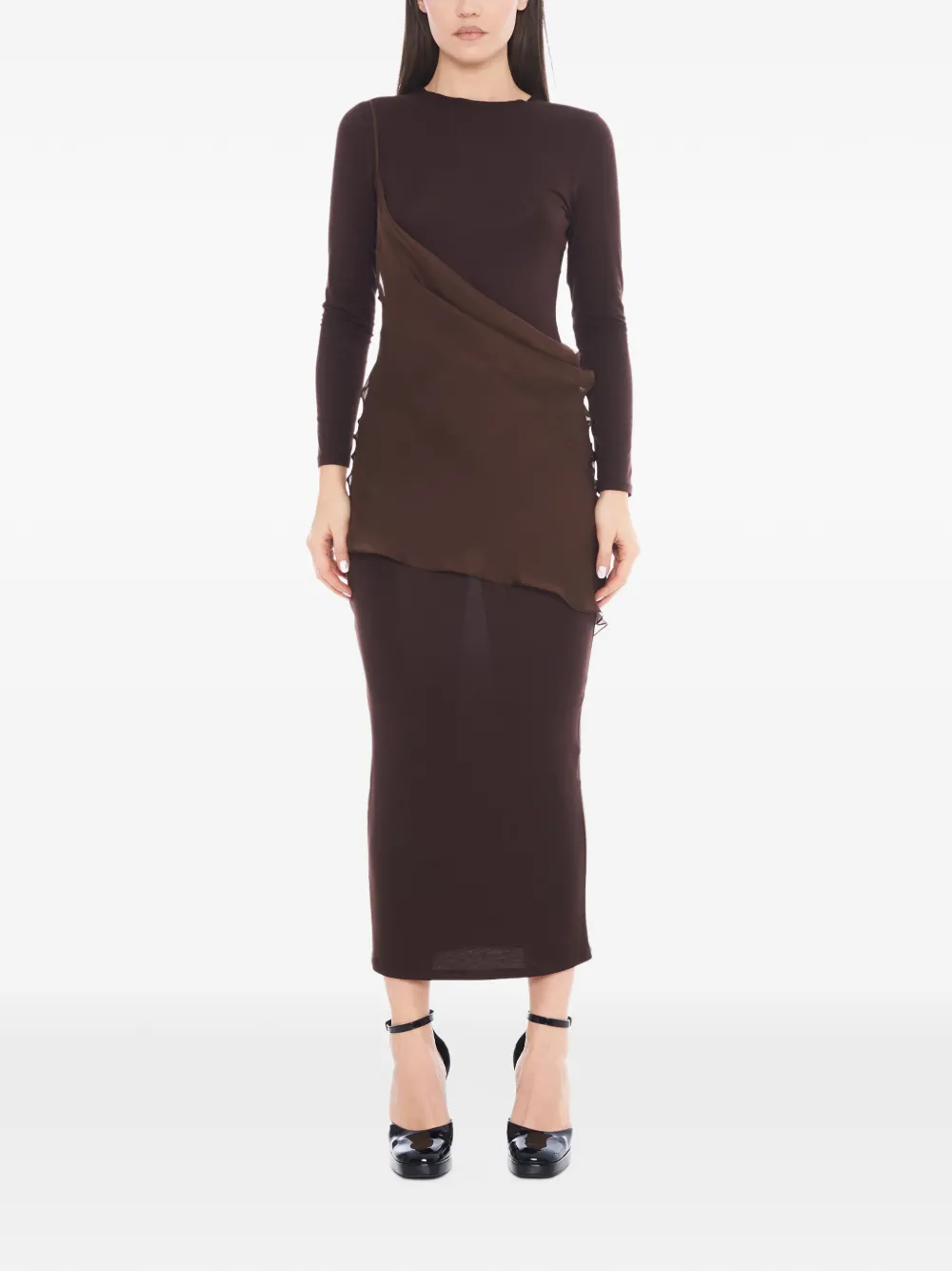 Tessitura asymmetric long-sleeve maxi dress (set of two) Bruin