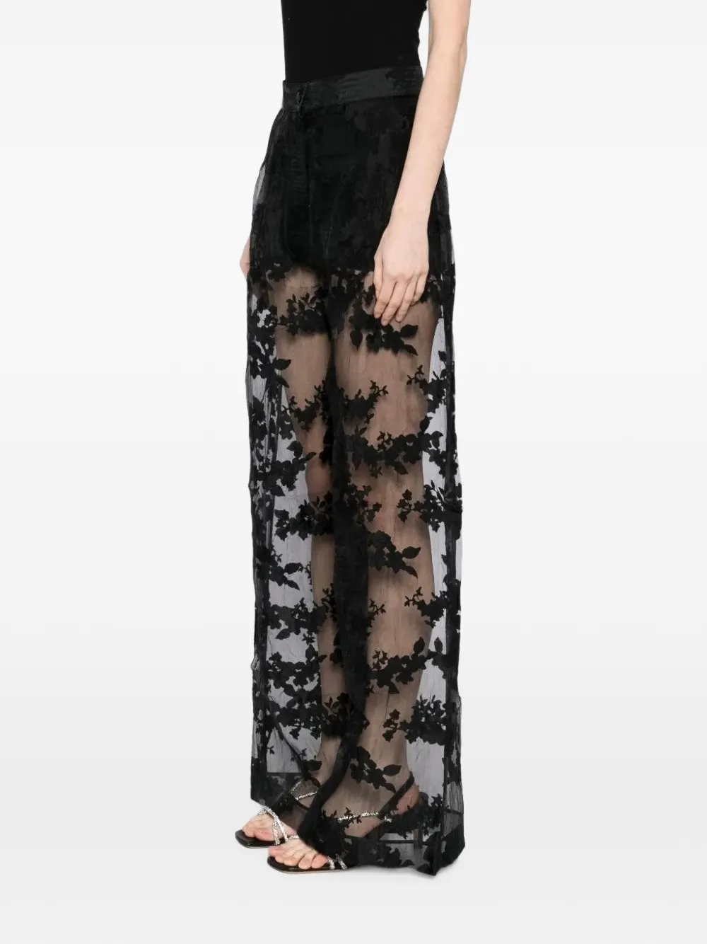 Tessitura Body Couture Pantaloni a gamba ampia in organza floreale - Nero