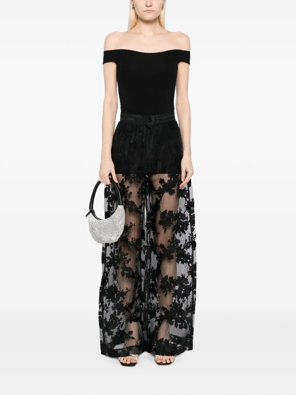 Tessitura floral-organza wide-leg trousers Zwart
