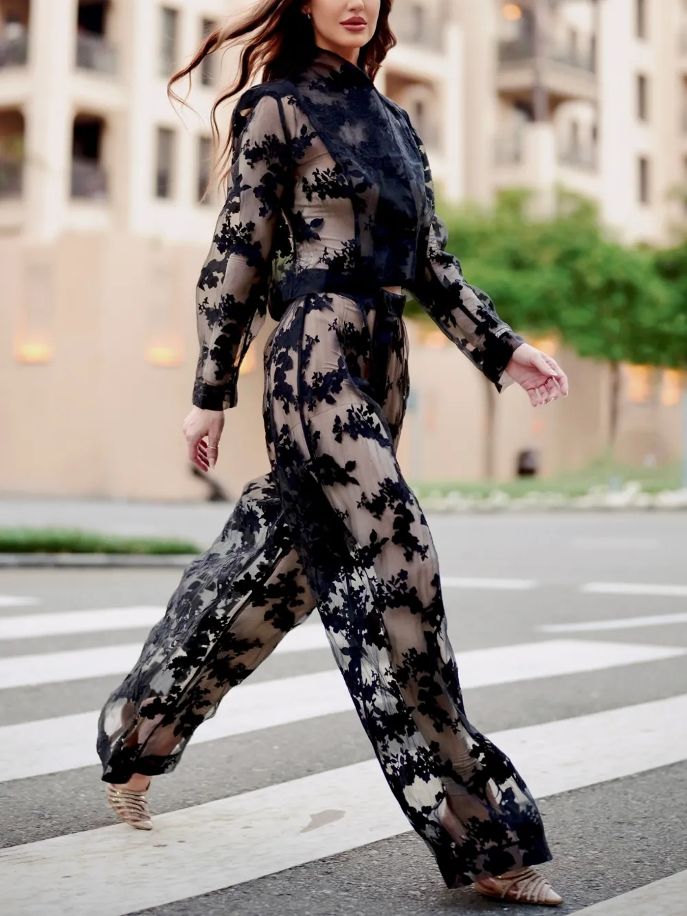 Tessitura floral-organza wide-leg trousers Zwart