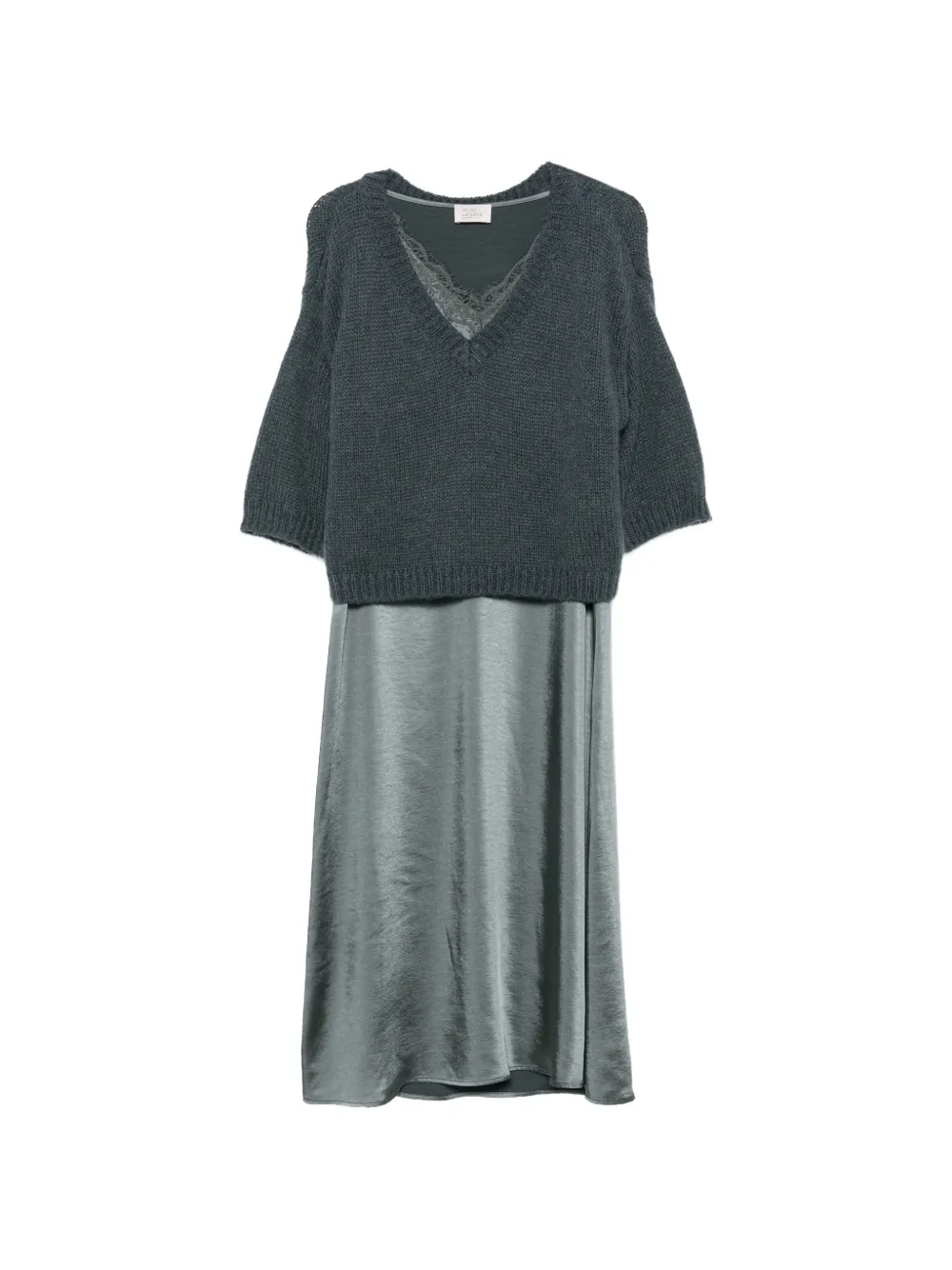 VERA MONT lace-trim satin-finish midi dress - Vert