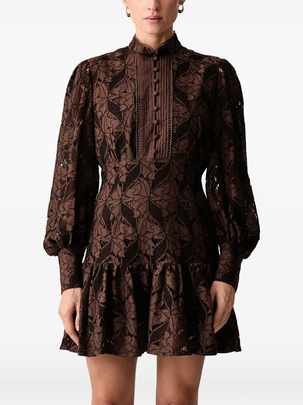 Bardot guipure-lace ruffled mini dress - Marron Bardot guipure-lace ruffled mini dress - Marron