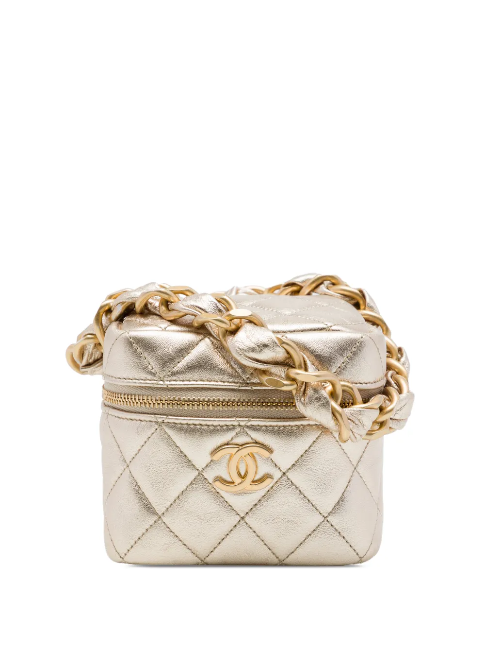CHANEL Pre-Owned 2021 CC Quilted Metallic Lambskin Cube Zip Clutch with Chain vanity bag - Gold